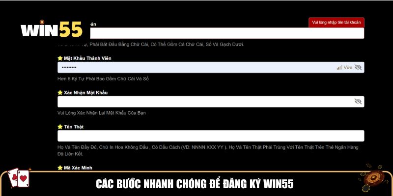 Điền các thông tin cần thiết để đăng ký Win55